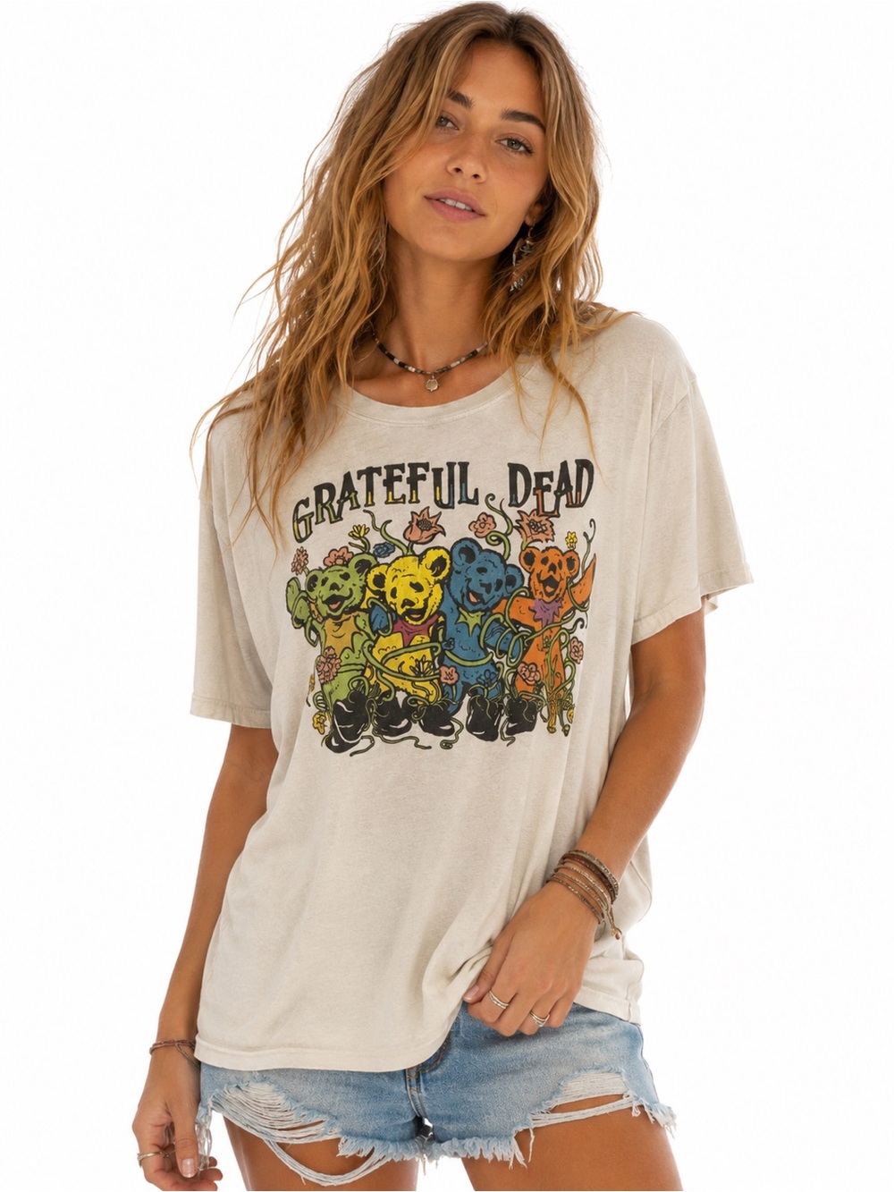 Grateful Dead Dancing Bears Graphic Tee Cream Boho Hippie Band Shirt Medium